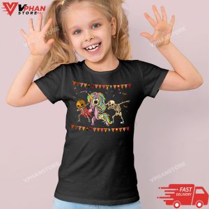 Kid Black Dabbing Skeleton Unicorn Zombie Pumpkin Halloween Girls Kids T Shirt