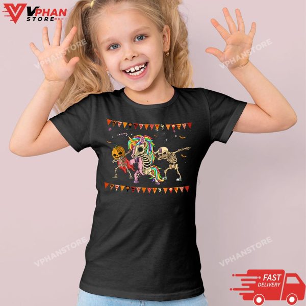 Dabbing Skeleton Unicorn Zombie Pumpkin Halloween Girls Kids T-Shirt