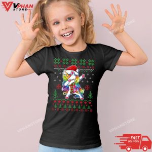 Kid Black Dabbing Unicorn Santa Sweater Christmas Ugly Kids Girls Women T Shirt