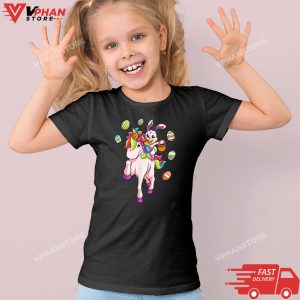 Kid Black Easter Day Bunny Riding Unicorn Girls Toddler Easter Eggs T Shirt