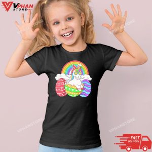 Kid Black Easter Unicorn Shirt With Eggs Happy Easter Boys Girls Kids T Shirt