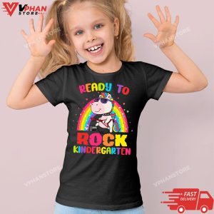 Kid Black First Day of Kindergarten Rock Unicorn Girls Back To School T Shirt