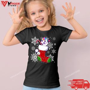 Kid Black Funny Unicorn In Christmas Socks Santa Lights Xmas T Shirt