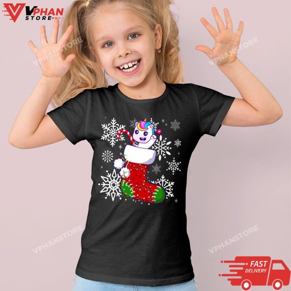 Funny Unicorn In Christmas Socks Santa Lights Xmas T-Shirt