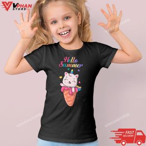 Kid Black Hello Summer Cute Unicorn Ice Cream Bar Gelato Ice Popsicle T Shirt