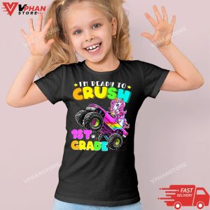 Kid Black Im Ready To Crush 1st Grade Monster Truck Unicorn Girl Kids T Shirt