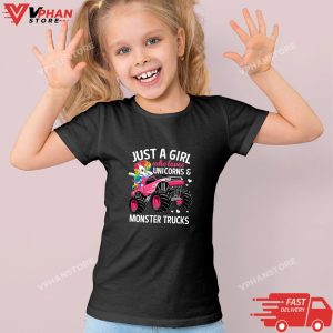 Kid Black Just A Girl Who Loves Unicorns And Monster Trucks Girls Kids T Shirt