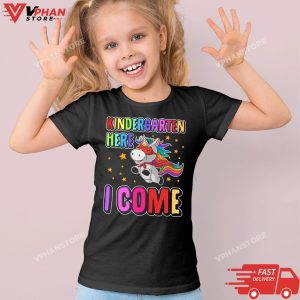 Kid Black Kindergarten Here I come Back to School Unicorn Kindergarten T Shirt