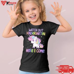 Kid Black Look Out kindergarten Here I Come Unicorn back to school T Shirt