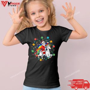 Kid Black Santa Riding Unicorn Christmas Lights Merry Christmas Tree T Shirt