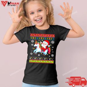 Kid Black Santa Riding Unicorn Merry Christmas Xmas Sweater Ugly T Shirt