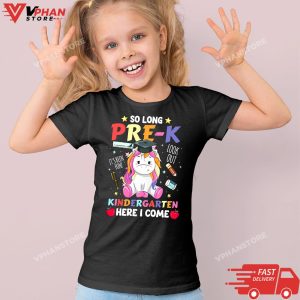 Kid Black So Long Pre K Kindergarten Here I Come Unicorn Graduation T Shirt