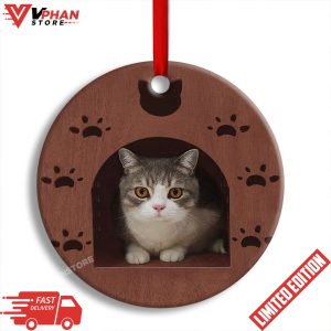 Kitty Cat Wooden House Cat Shelter Round Christmas Ornament 1