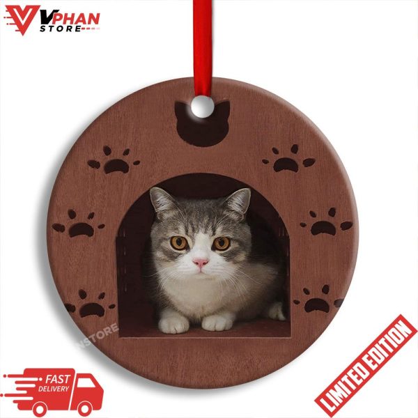 Kitty Cat Wooden House Cat Shelter Round Christmas Ornament