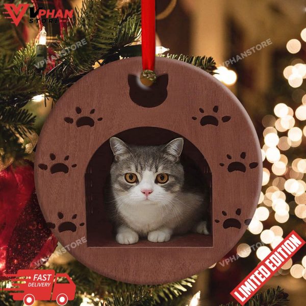 Kitty Cat Wooden House Cat Shelter Round Christmas Ornament