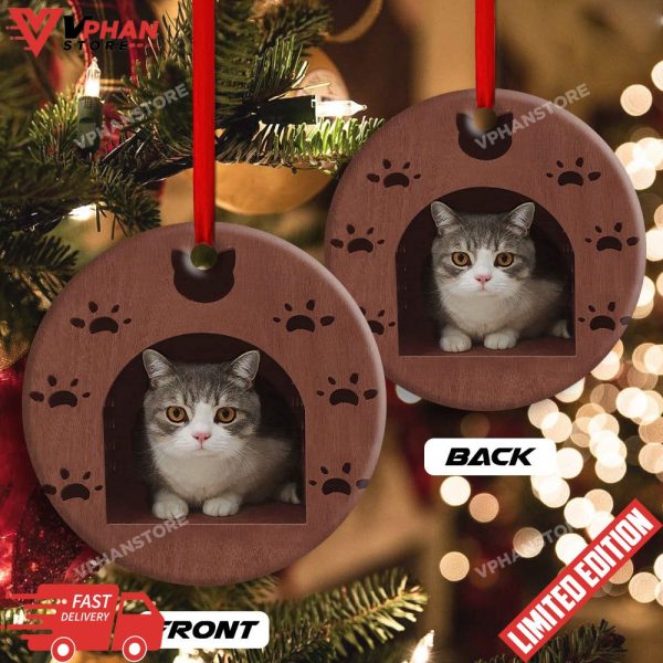 Kitty Cat Wooden House Cat Shelter Round Christmas Ornament