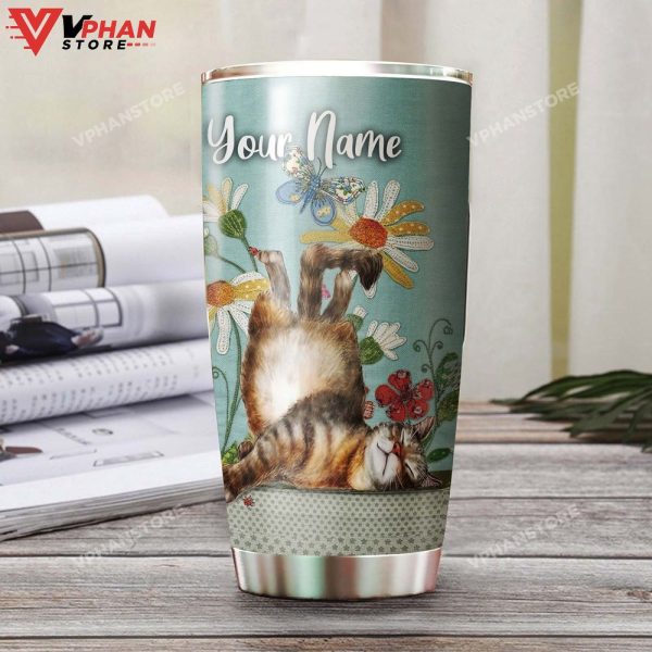 Lazy Cat Embroidered Flowers Personalized Tumbler