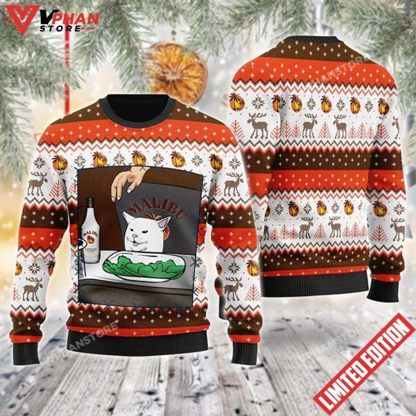 Malibu Rum Cat Meme Christmas Ugly Sweater