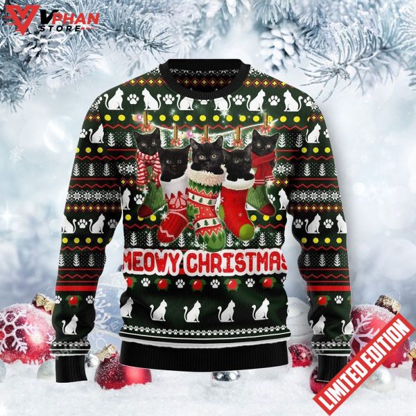 Meowy Black Cat Ugly Christmas Sweater