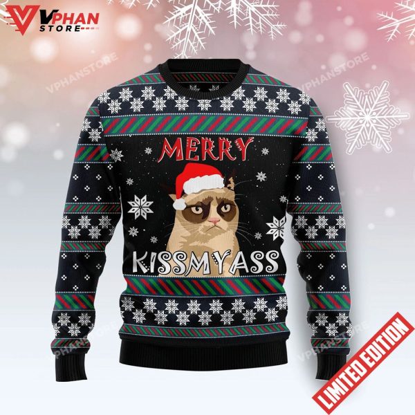 Merry Kissmyass Grumpy Cat Christmas Sweater, Meowy Christmas Sweater