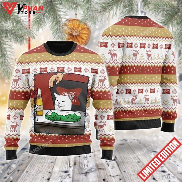 Miller High Life Cat Meme Christmas Ugly Sweater