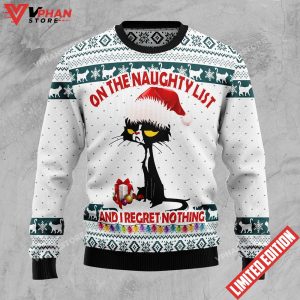 On The Naughty List Black Cat Ugly Christmas Sweater 1