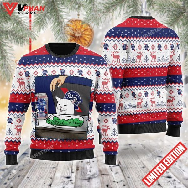 Pabst Blue Ribbon Cat Meme Christmas Ugly Sweater