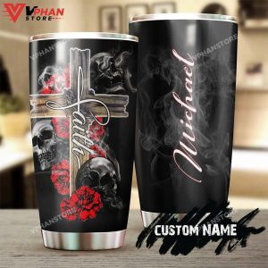 Skull Faith Roses Cross Catholic Personalized Tumbler 1