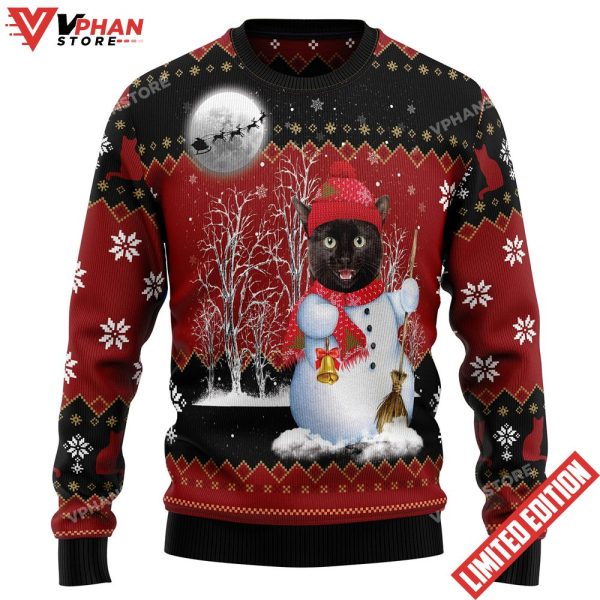 Snowman Black Cat Ugly Christmas Sweater