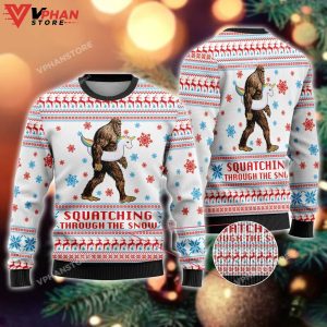 Squatching Through The Snow Unicorn Bigfoot Ugly Christmas Sweater 1