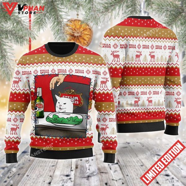 Stella Artois Beer Cat Meme Christmas Ugly Sweater