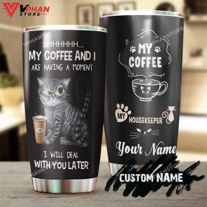 Tabby Cat House Keeper Having Coffee Personalized Tumbler 1