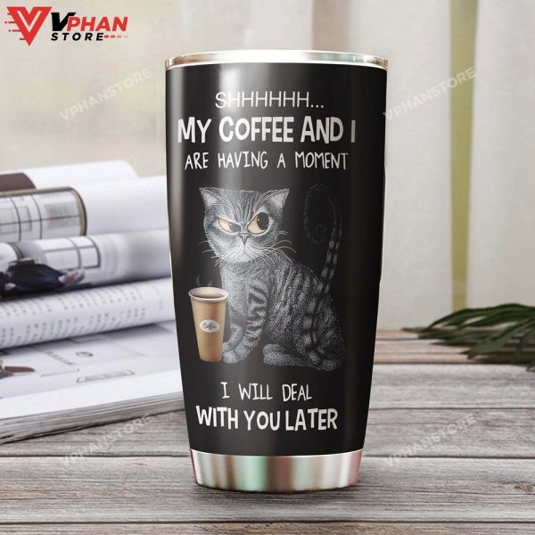 Tabby Cat House Keeper Having Coffee Personalized Tumbler