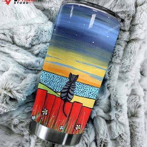 Tabby Cat Red Fence Sunset Ocean Tumbler 1