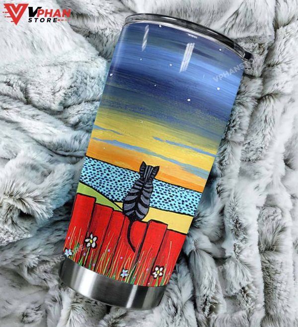 Tabby Cat Red Fence Sunset Ocean Tumbler