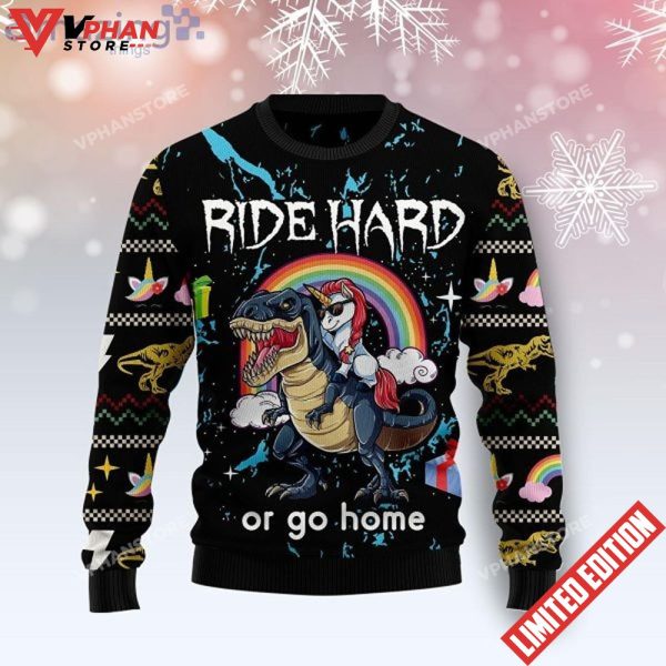 Unicorn Ride Hard Dinosaur Funny Family Gifts Christmas Sweater