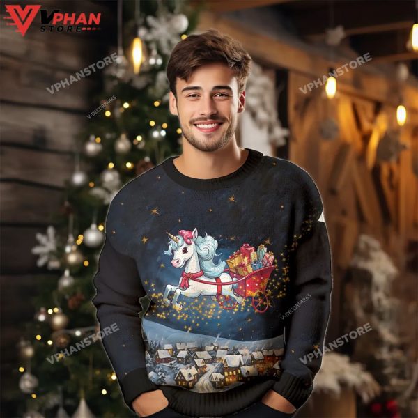 Unicorn Sleigh Ugly Christmas Sweater, Crew Neck Ugly Sweater