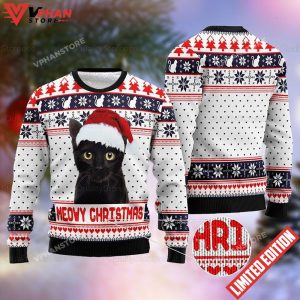 Vintage Meowy Funny Black Cat Christmas Sweater 1