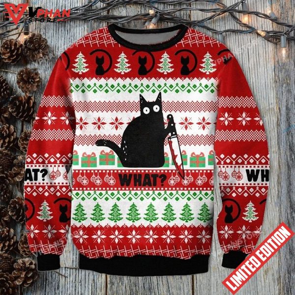 What Funny Black Cat Christmas Ugly Sweater