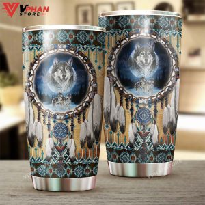 Wolf Native American Dreamcatcher Steel Tumbler 1