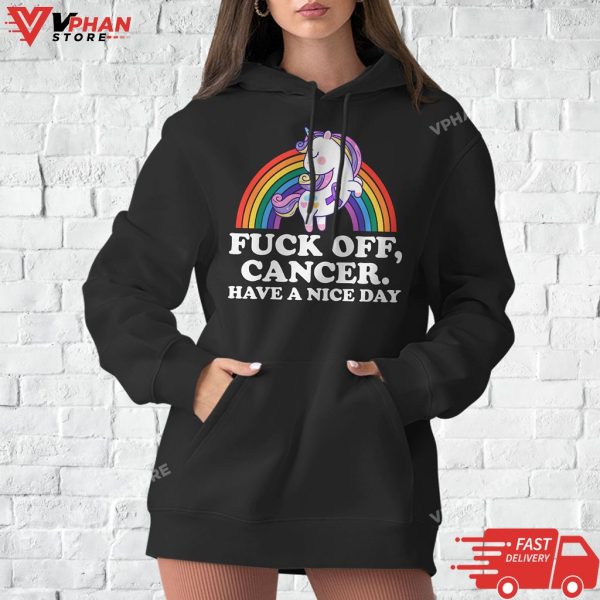 Womens Fuck Off Cancer Fighting Quote Funny Unicorn Rainbow T-Shirt