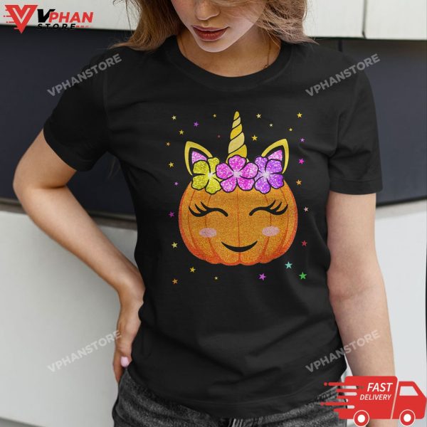 Cute Unicorn Pumpkin Halloween Shirt Girls Women Witchy T-Shirt