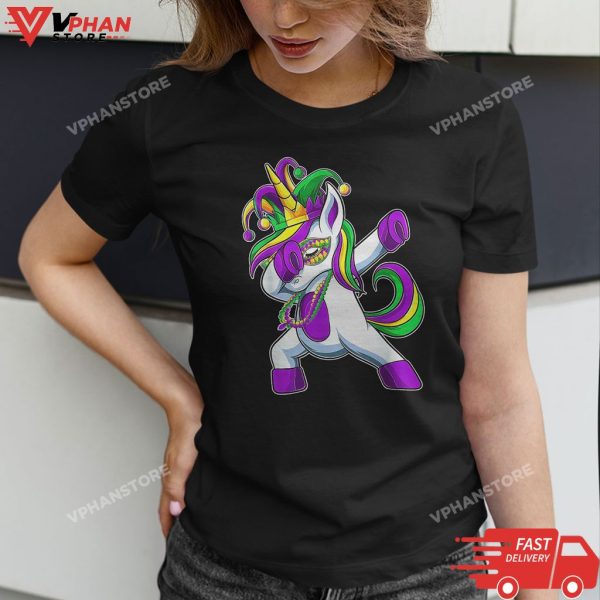 Dabbing Jester Unicorn Mardi Gras Shirt, Kids Girls T-Shirt