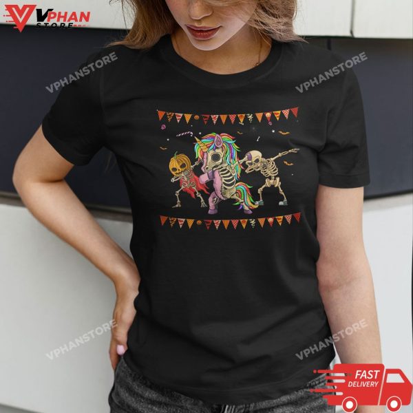 Dabbing Skeleton Unicorn Zombie Pumpkin Halloween Girls Kids T-Shirt