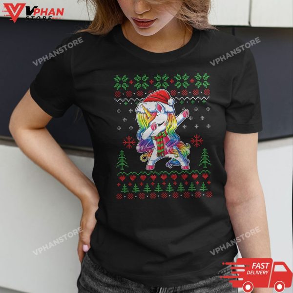 Dabbing Unicorn Santa Sweater Christmas Ugly Kids Girls Women T-Shirt