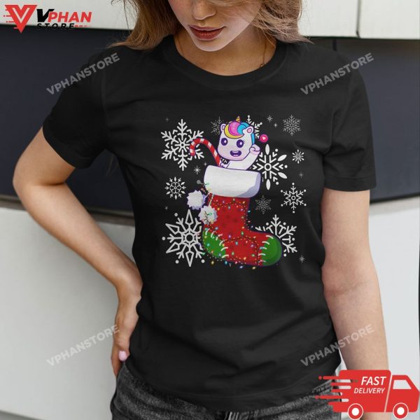 Funny Unicorn In Christmas Socks Santa Lights Xmas T-Shirt