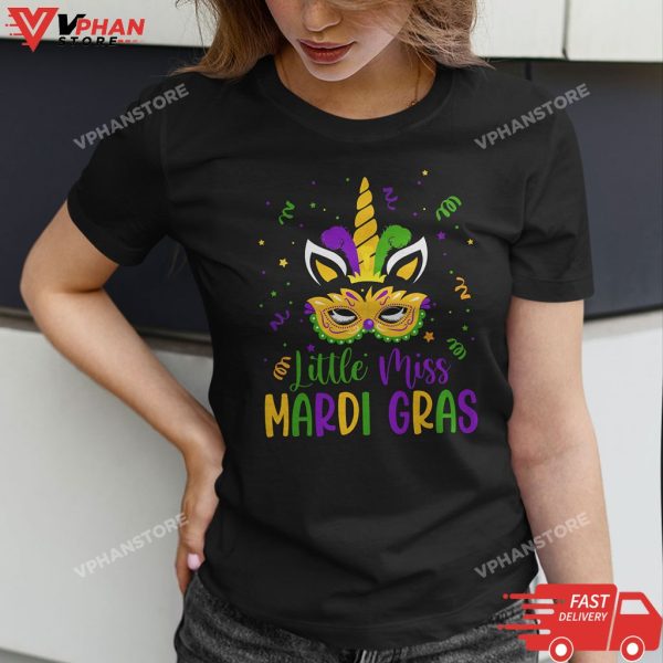 Little Miss Mardi Gras Shirt Unicorn Face Kids Toddler T-Shirt