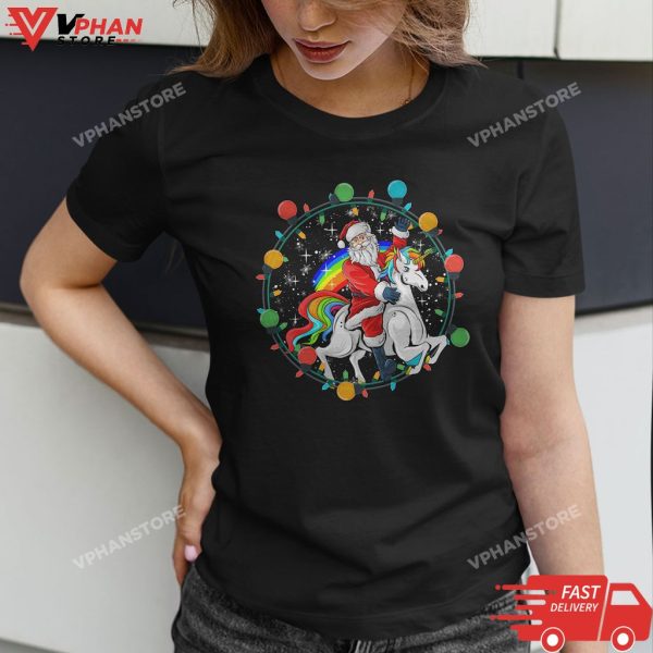 Santa Riding Unicorn Christmas Lights Tree T-Shirt