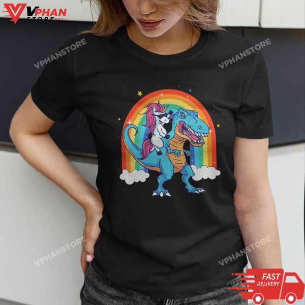 Unicorn Riding T rex Dinosaur Boys Girls Men Women Rainbow T-Shirt