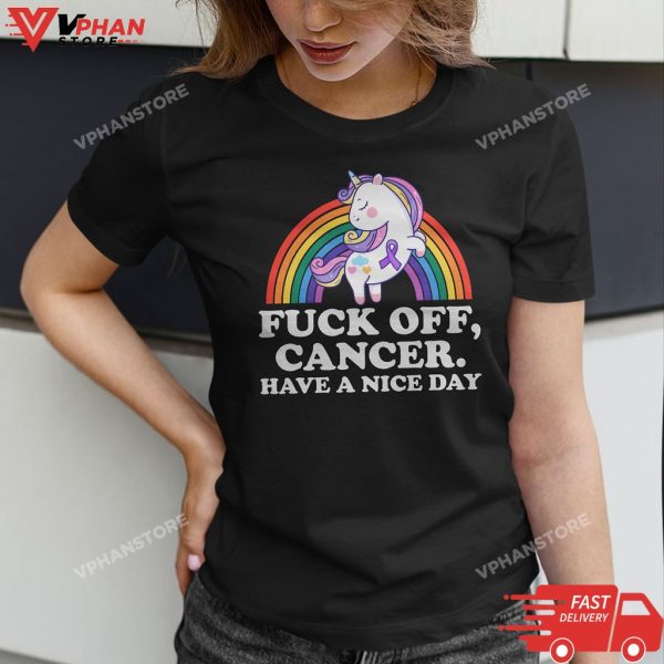 Womens Fuck Off Cancer Fighting Quote Funny Unicorn Rainbow T-Shirt